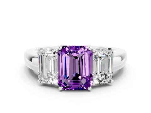 White gold Emerald Cut Amethyst Three-Stone Ring with Four-Prong Setting and Classic Band