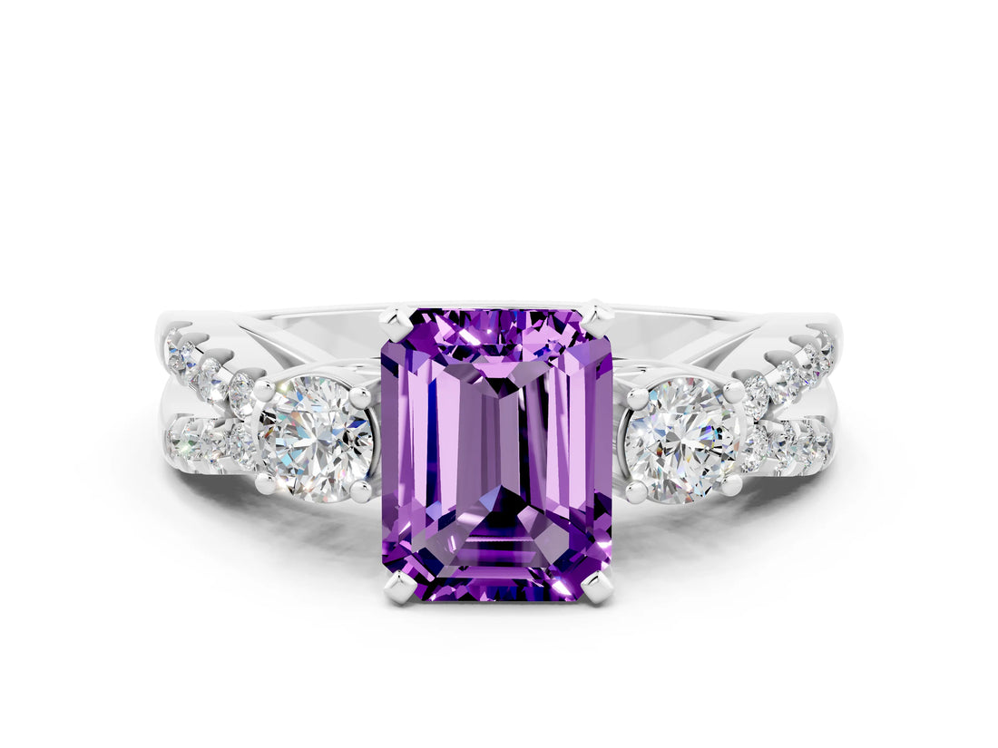 White gold Emerald Cut Amethyst Three-Stone Ring with Pavé Split Shank and Four-Prong Setting