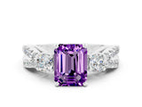 White gold Emerald Cut Amethyst Three-Stone Ring with Pavé Split Shank and Four-Prong Setting