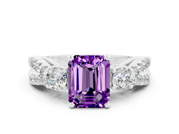 Platinum Emerald Cut Amethyst Three-Stone Ring with Pavé Split Shank and Four-Prong Setting
