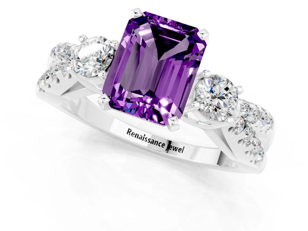 White gold Emerald Cut Amethyst Three-Stone Ring with Pavé Split Shank and Four-Prong Setting
