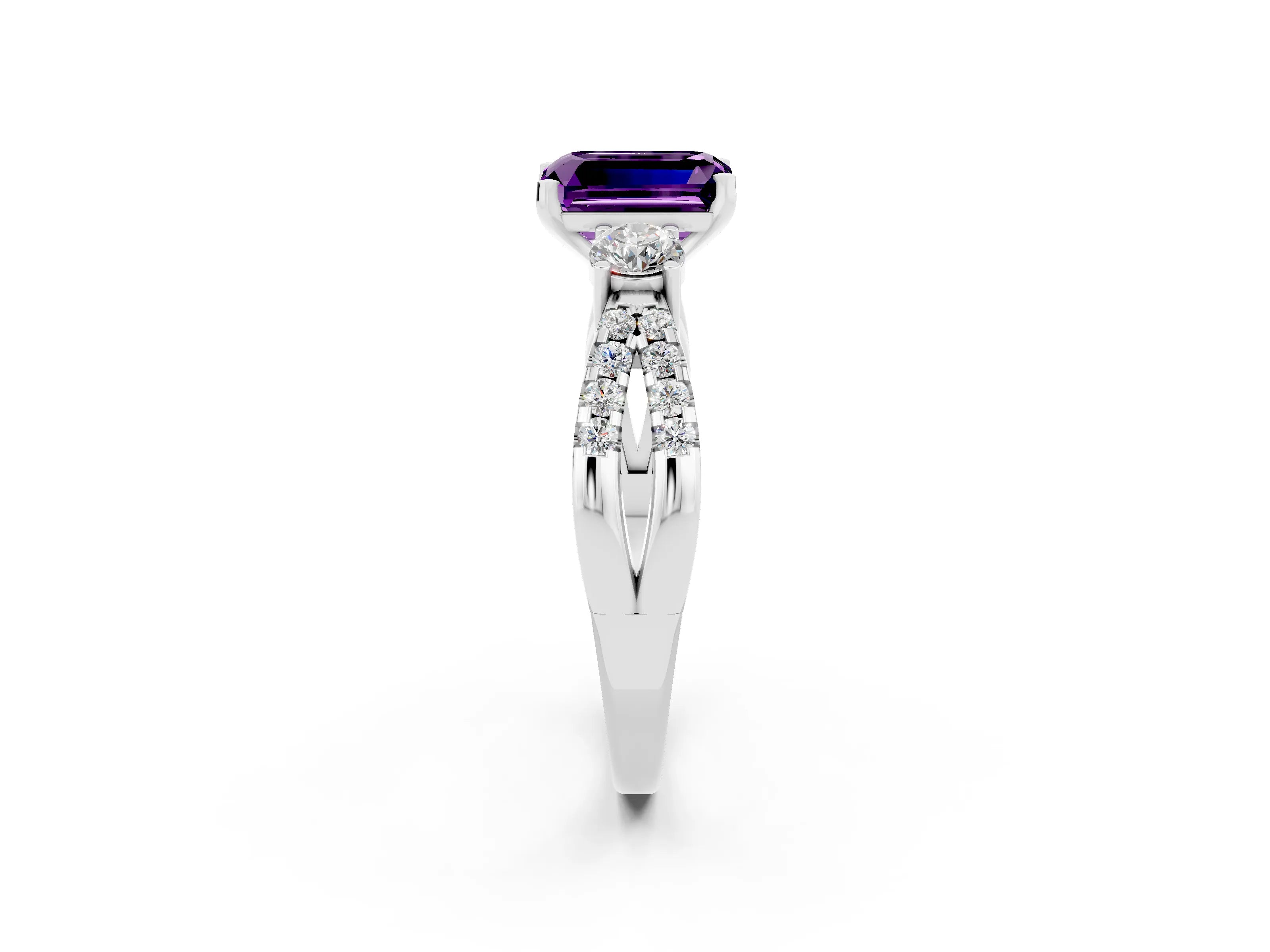White gold Emerald Cut Amethyst Three-Stone Ring with Pavé Split Shank and Four-Prong Setting_2