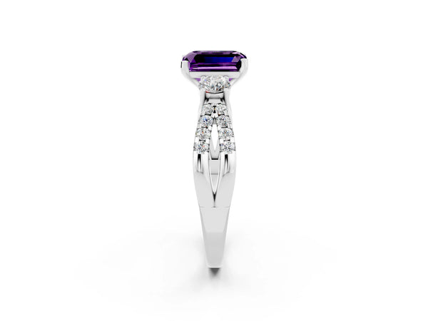 Platinum Emerald Cut Amethyst Three-Stone Ring with Pavé Split Shank and Four-Prong Setting