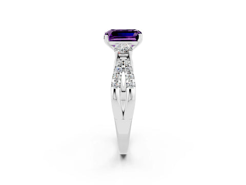 White gold Emerald Cut Amethyst Three-Stone Ring with Pavé Split Shank and Four-Prong Setting_2