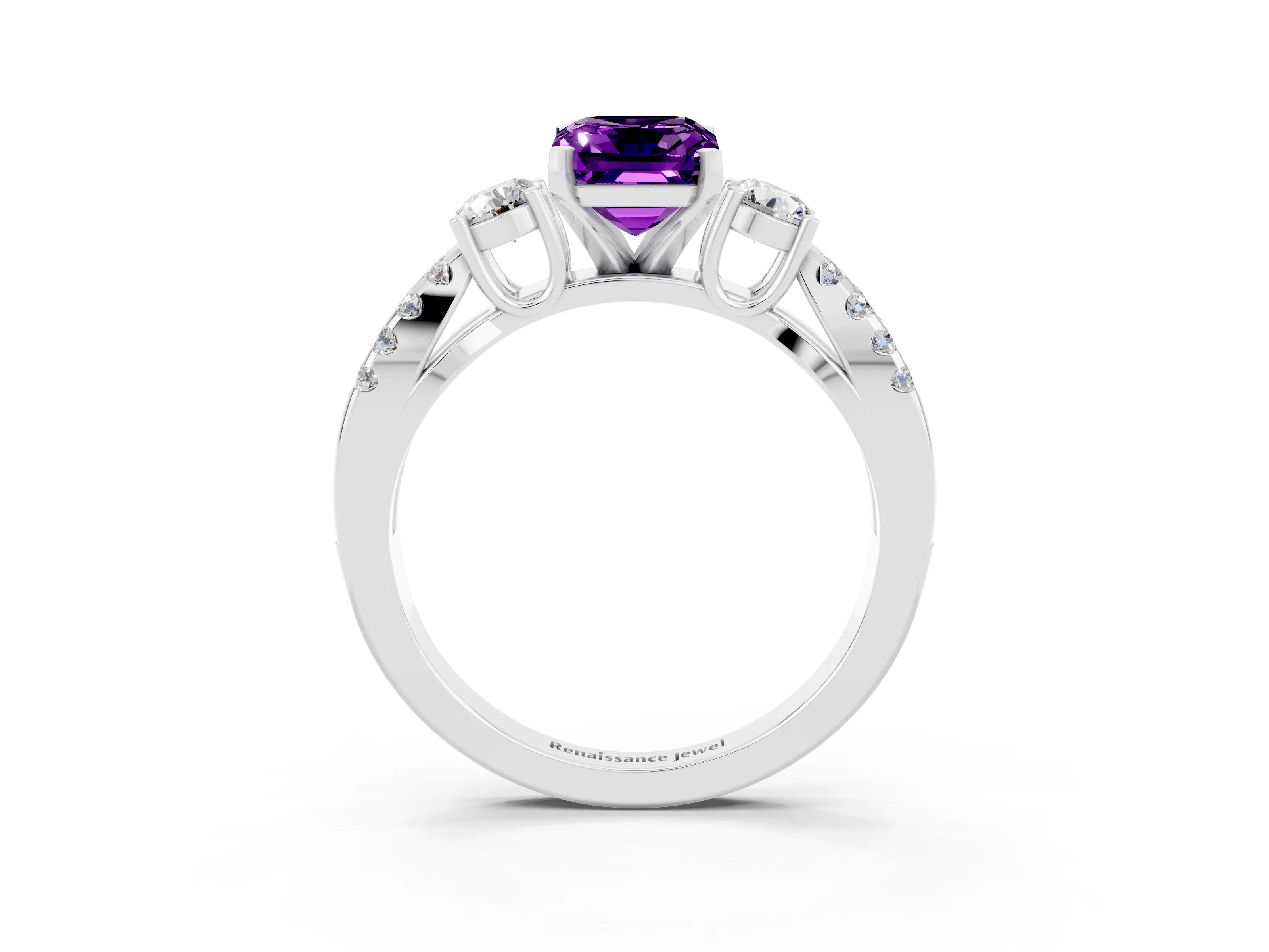 White gold Emerald Cut Amethyst Three-Stone Ring with Pavé Split Shank and Four-Prong Setting_3