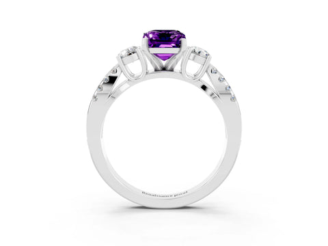 White gold Emerald Cut Amethyst Three-Stone Ring with Pavé Split Shank and Four-Prong Setting_3