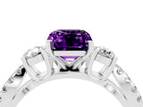 White gold Emerald Cut Amethyst Three-Stone Ring with Pavé Split Shank and Four-Prong Setting_4