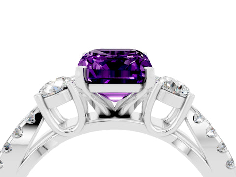 White gold Emerald Cut Amethyst Three-Stone Ring with Pavé Split Shank and Four-Prong Setting_4