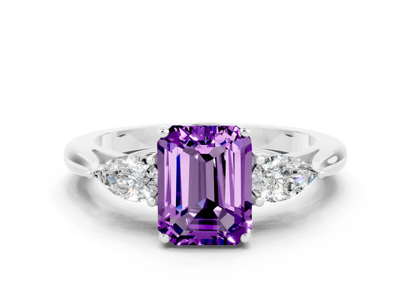 Silver Emerald Cut Amethyst Three-Stone Ring with Pear  Side Stones and Prong Setting