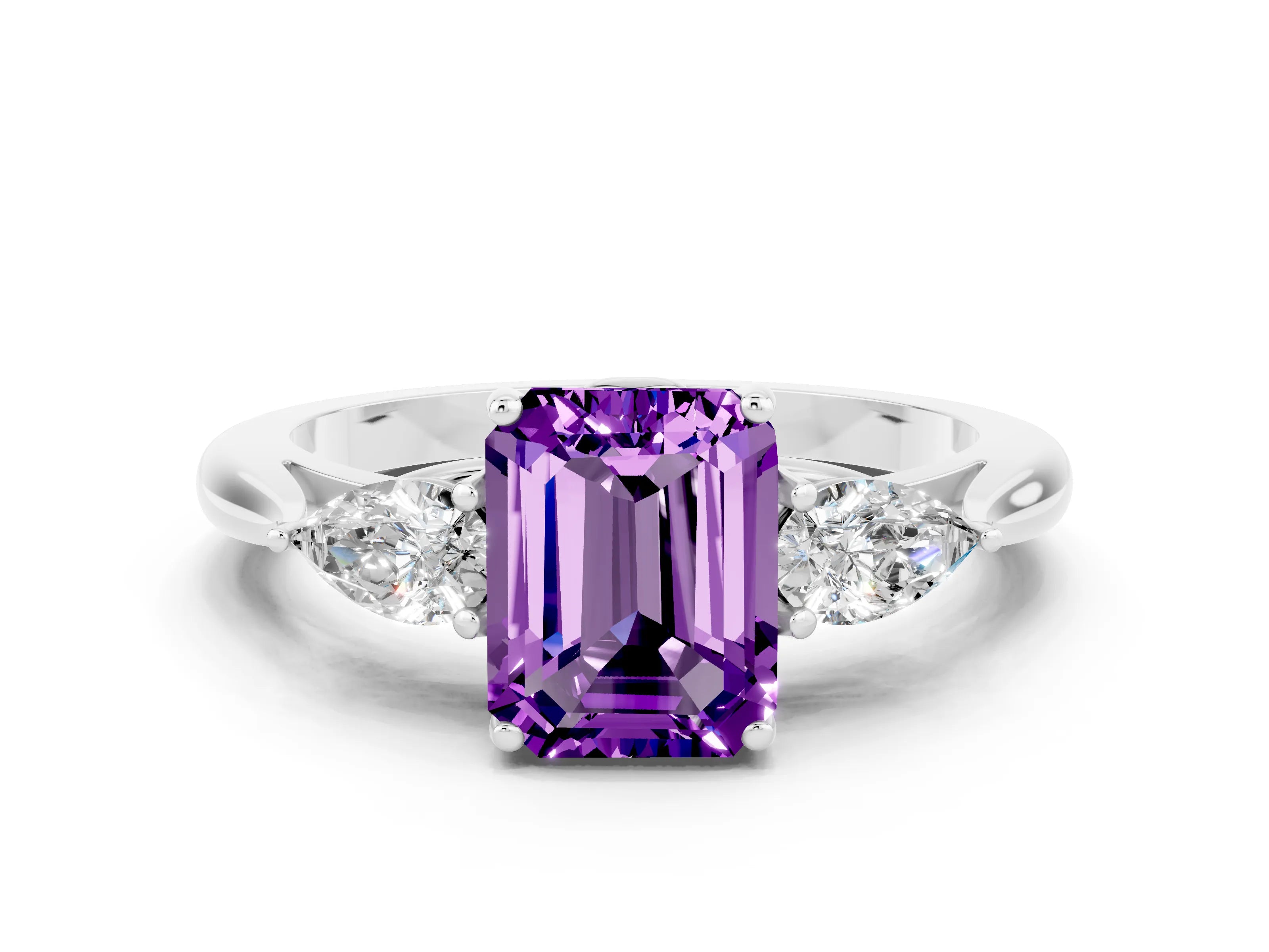 White gold Emerald Cut Amethyst Three-Stone Ring with Pear Side Stones and Four-Prong Setting_12