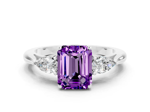 White gold Emerald Cut Amethyst Three-Stone Ring with Pear Side Stones and Four-Prong Setting_12