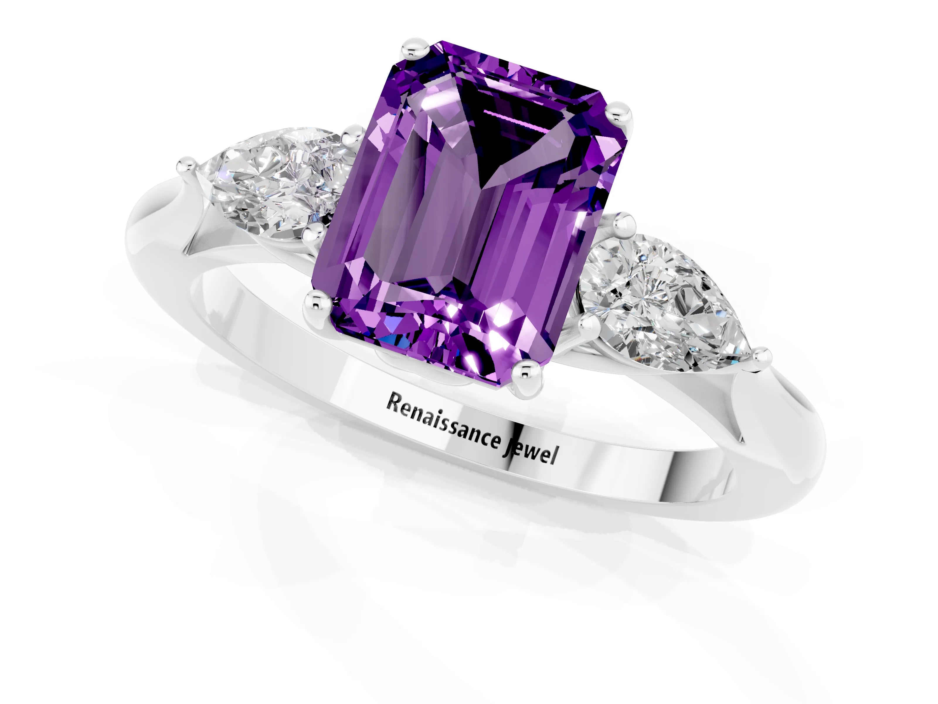 White gold Emerald Cut Amethyst Three-Stone Ring with Pear Side Stones and Four-Prong Setting_13