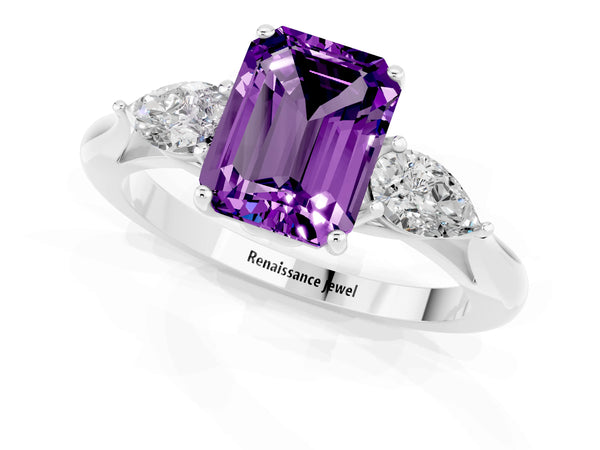 Silver Emerald Cut Amethyst Three-Stone Ring with Pear  Side Stones and Prong Setting