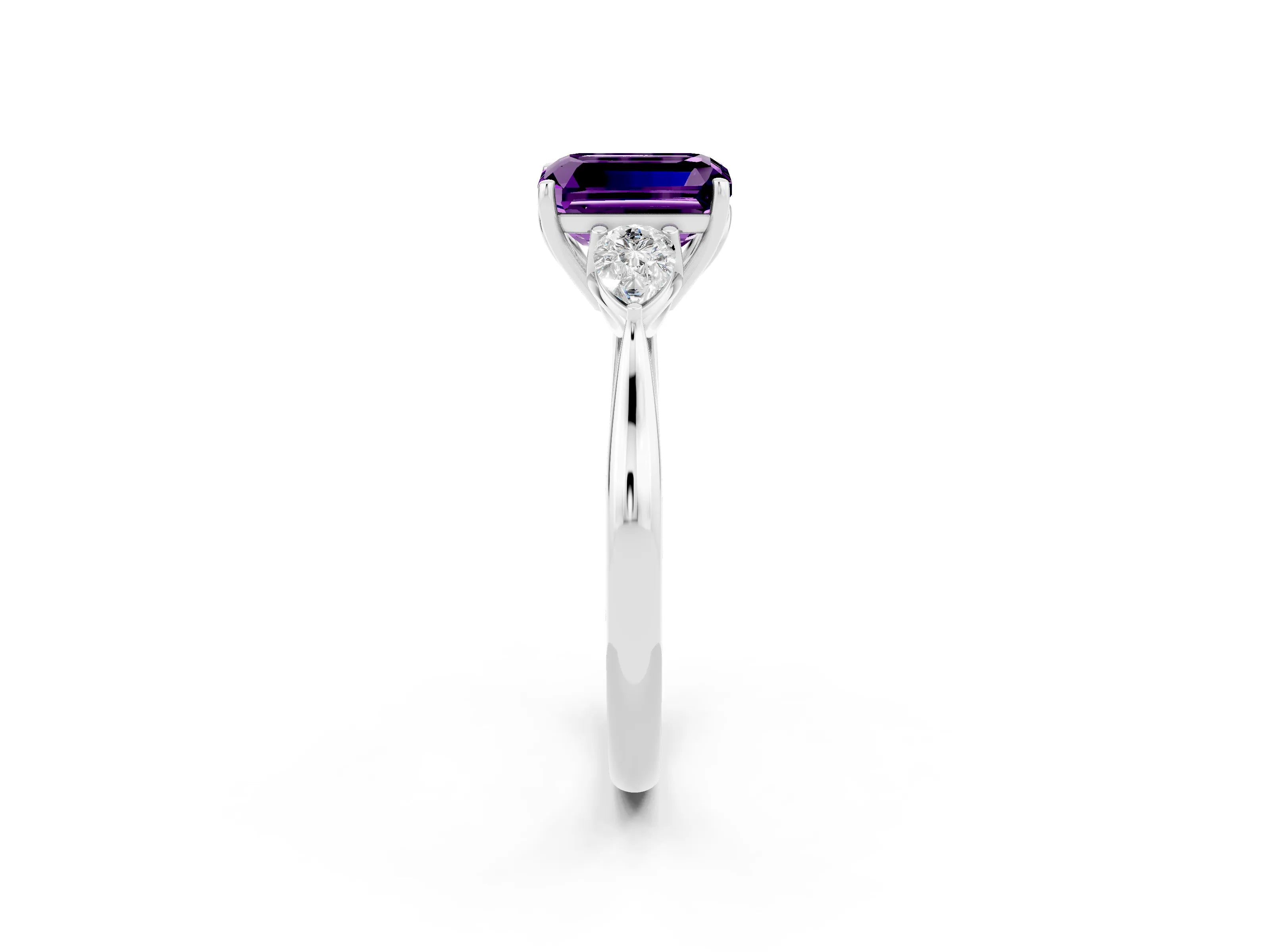White gold Emerald Cut Amethyst Three-Stone Ring with Pear Side Stones and Four-Prong Setting_14