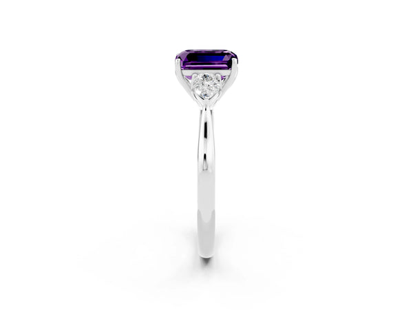 White gold Emerald Cut Amethyst Three-Stone Ring with Pear  Side Stones and Prong Setting
