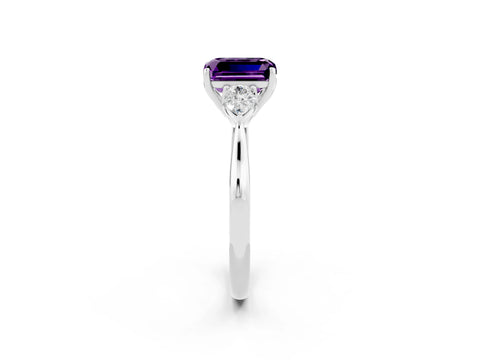 White gold Emerald Cut Amethyst Three-Stone Ring with Pear Side Stones and Four-Prong Setting_14