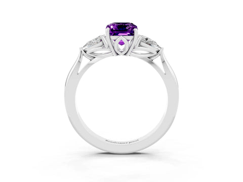 White gold Emerald Cut Amethyst Three-Stone Ring with Pear Side Stones and Four-Prong Setting_15