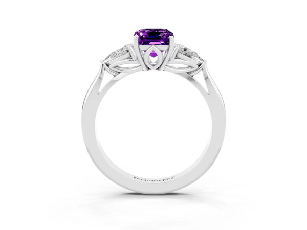 White gold Emerald Cut Amethyst Three-Stone Ring with Pear  Side Stones and Prong Setting