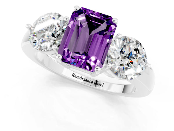 White gold Emerald Cut Amethyst Three-Stone Ring with Prong Setting and Classic Band