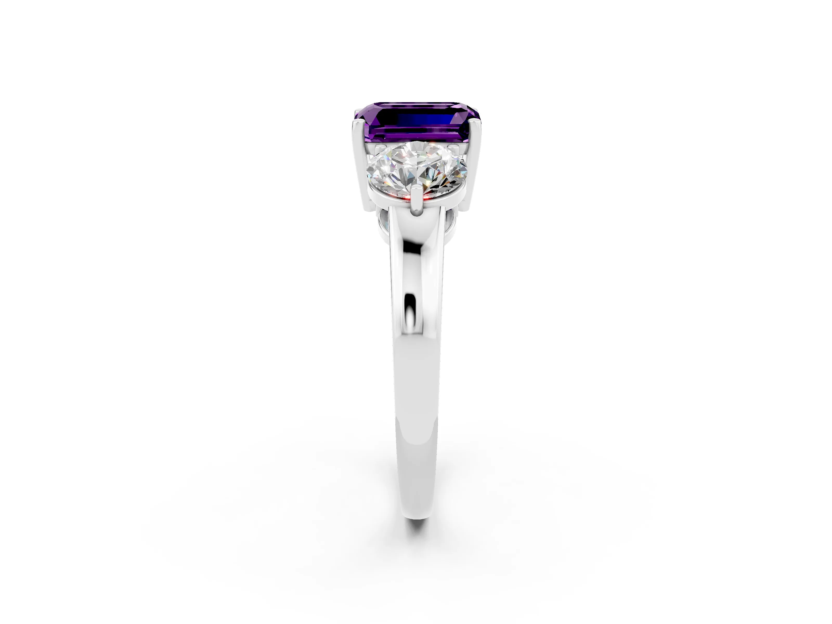 White gold Emerald Cut Amethyst Three-Stone Ring with Prong Setting and Classic Band_2