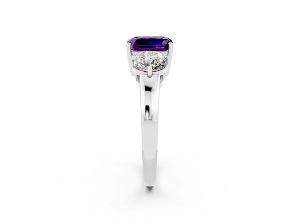 White gold Emerald Cut Amethyst Three-Stone Ring with Prong Setting and Classic Band