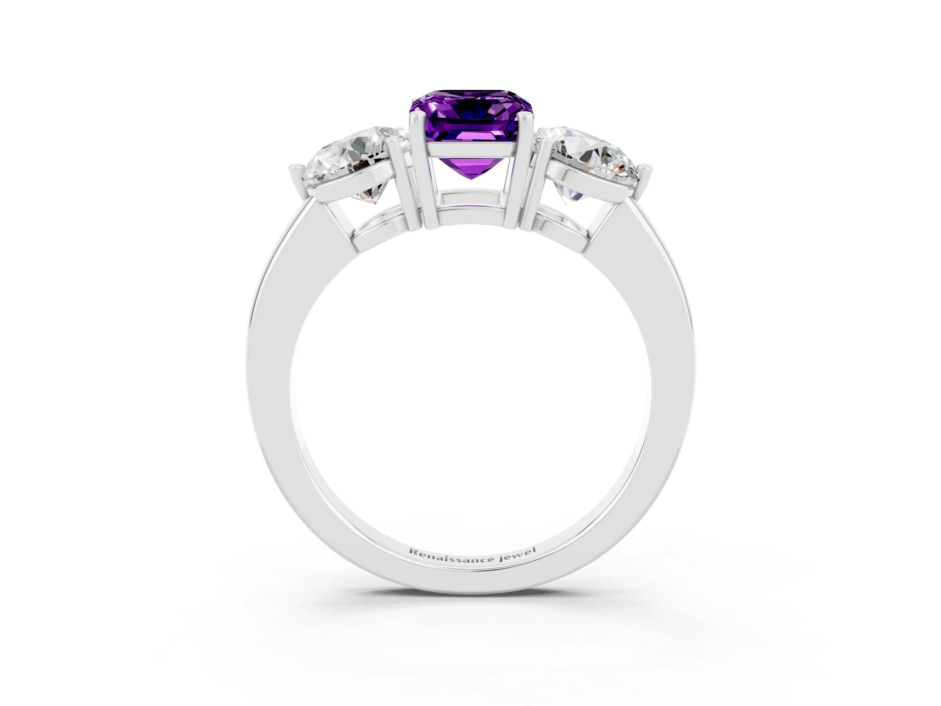 White gold Emerald Cut Amethyst Three-Stone Ring with Prong Setting and Classic Band_3