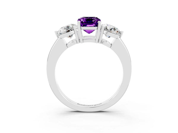 White gold Emerald Cut Amethyst Three-Stone Ring with Prong Setting and Classic Band