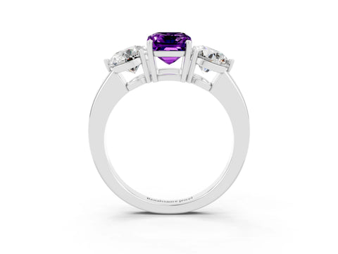 White gold Emerald Cut Amethyst Three-Stone Ring with Prong Setting and Classic Band_3