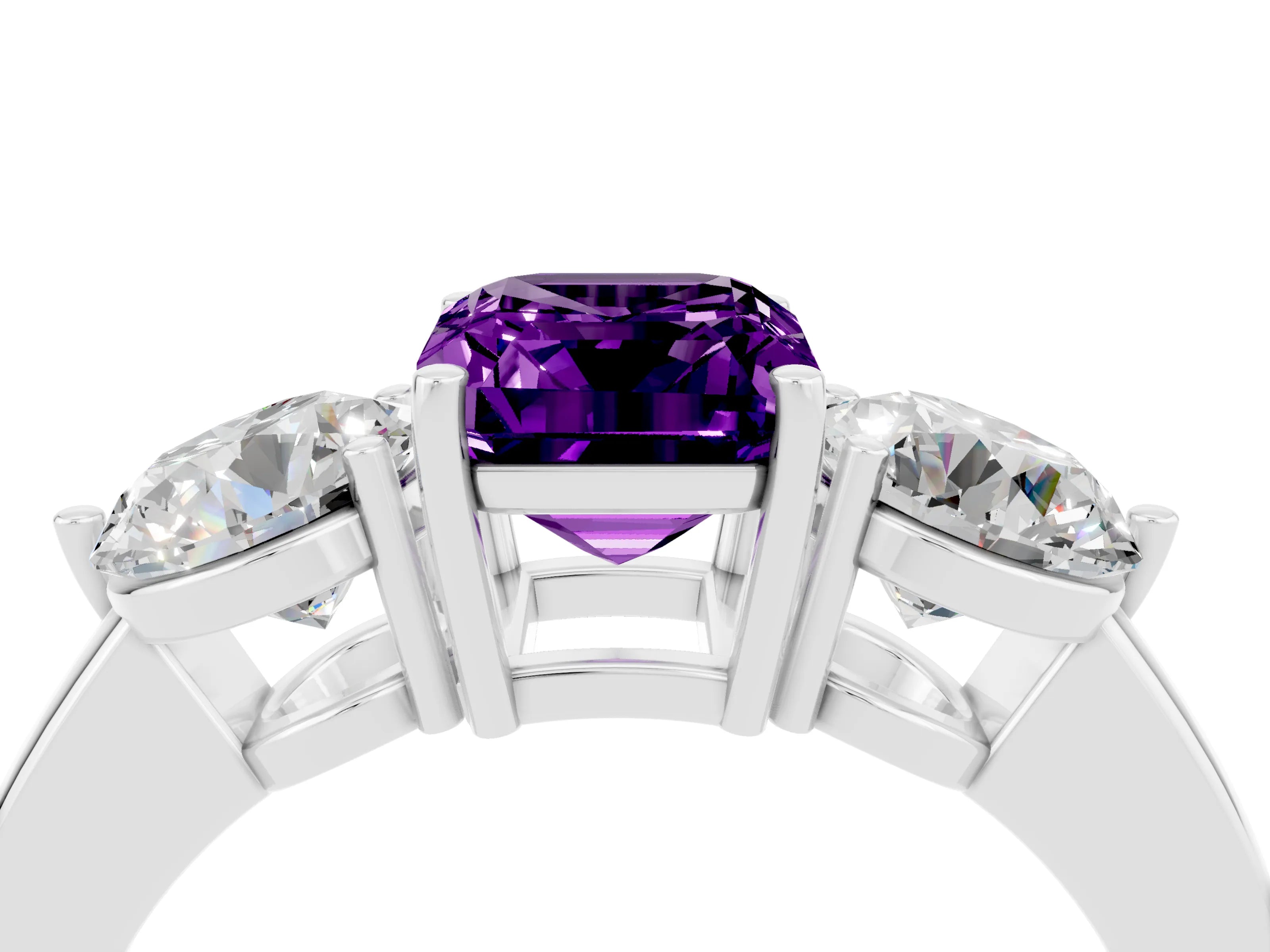 White gold Emerald Cut Amethyst Three-Stone Ring with Prong Setting and Classic Band_4