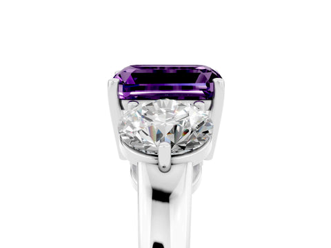 White gold Emerald Cut Amethyst Three-Stone Ring with Prong Setting and Classic Band_5