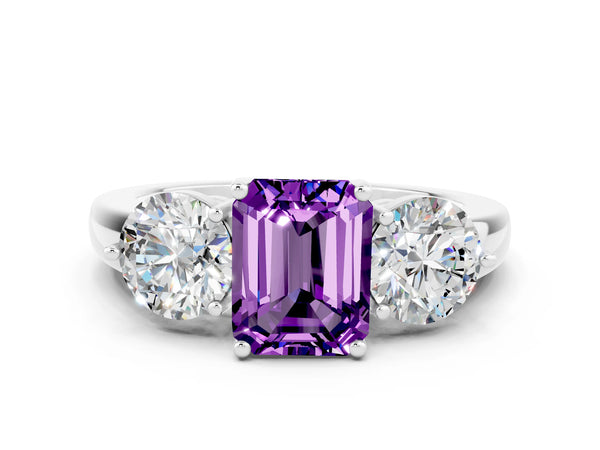 White gold Emerald Cut Amethyst Three-Stone Ring with Prong Setting and Classic Band