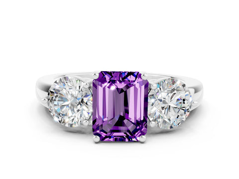 White gold Emerald Cut Amethyst Three-Stone Ring with Prong Setting and Classic Band