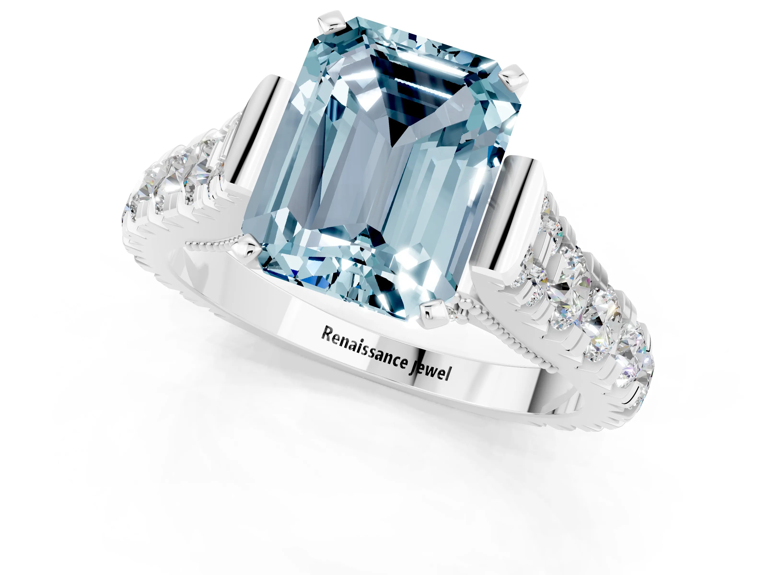 White gold Emerald Cut Aquamarine Classic Solitaire Ring with Pavé Band and Four-Prong Setting_1