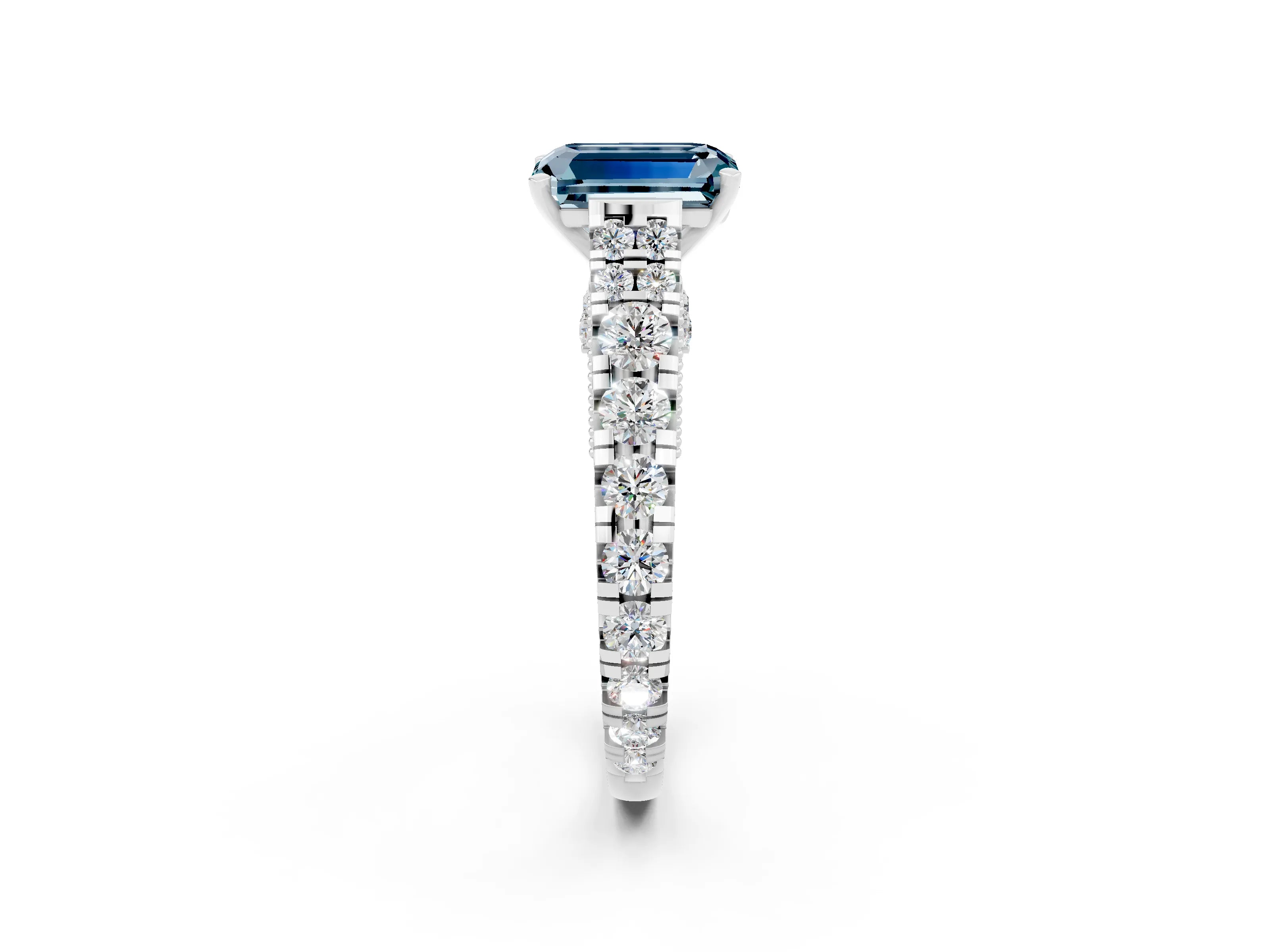 White gold Emerald Cut Aquamarine Classic Solitaire Ring with Pavé Band and Four-Prong Setting_2