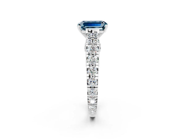White gold Emerald Cut Aquamarine Classic Solitaire Ring with Pavé Band and Four-Prong Setting
