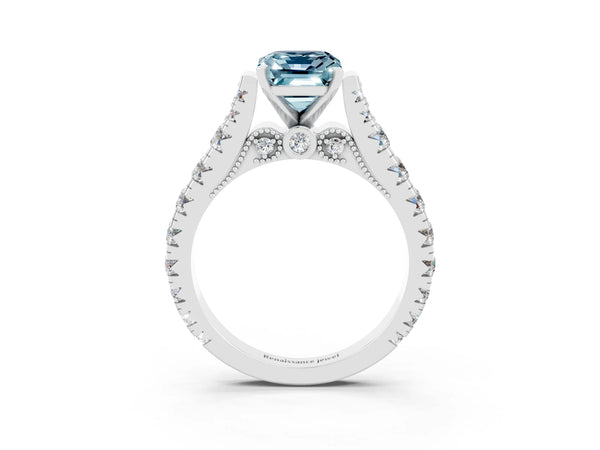 Platinum Emerald Cut Aquamarine Classic Solitaire Ring with Pavé Band and Four-Prong Setting
