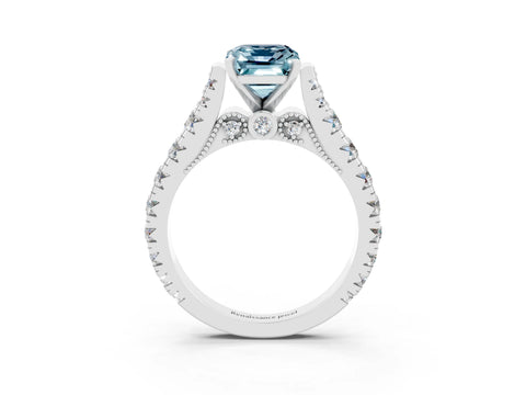 White gold Emerald Cut Aquamarine Classic Solitaire Ring with Pavé Band and Four-Prong Setting_3