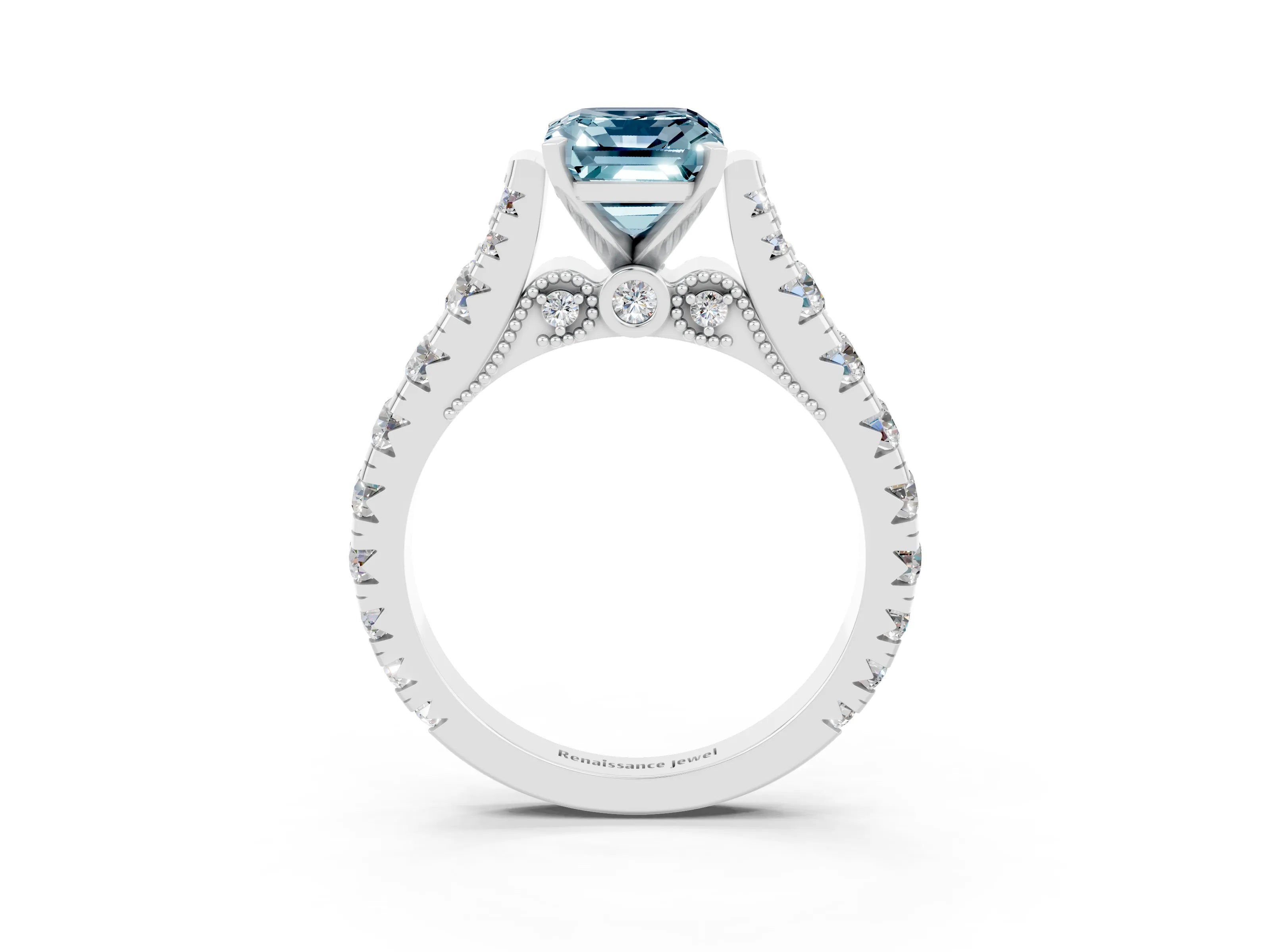 White gold Emerald Cut Aquamarine Classic Solitaire Ring with Pavé Band and Four-Prong Setting_3