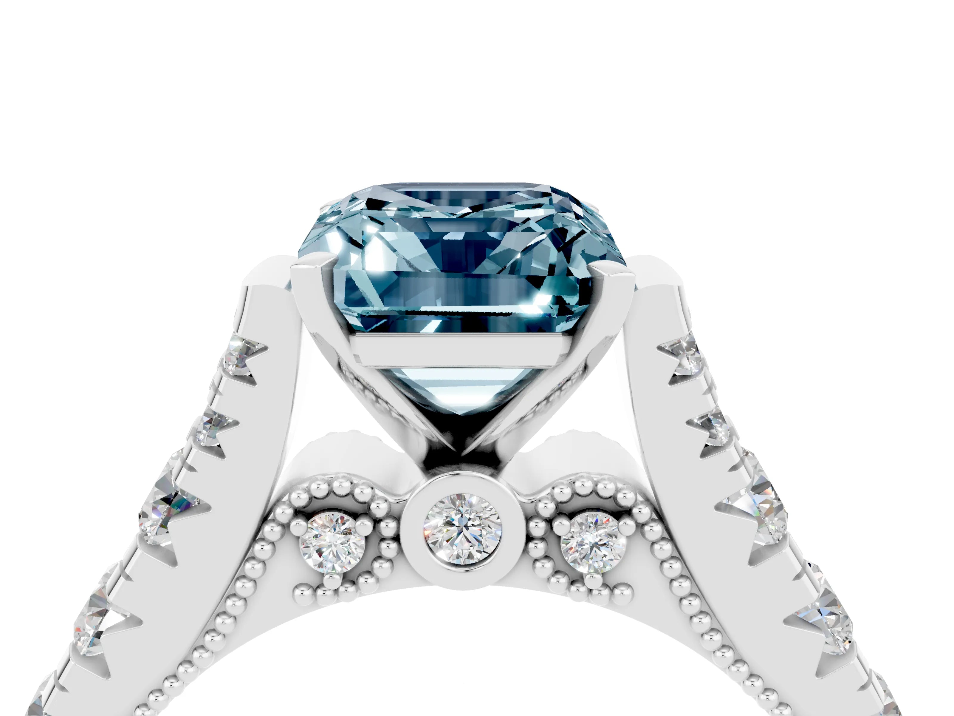 White gold Emerald Cut Aquamarine Classic Solitaire Ring with Pavé Band and Four-Prong Setting_4
