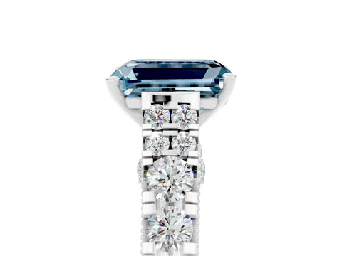 White gold Emerald Cut Aquamarine Classic Solitaire Ring with Pavé Band and Four-Prong Setting_5