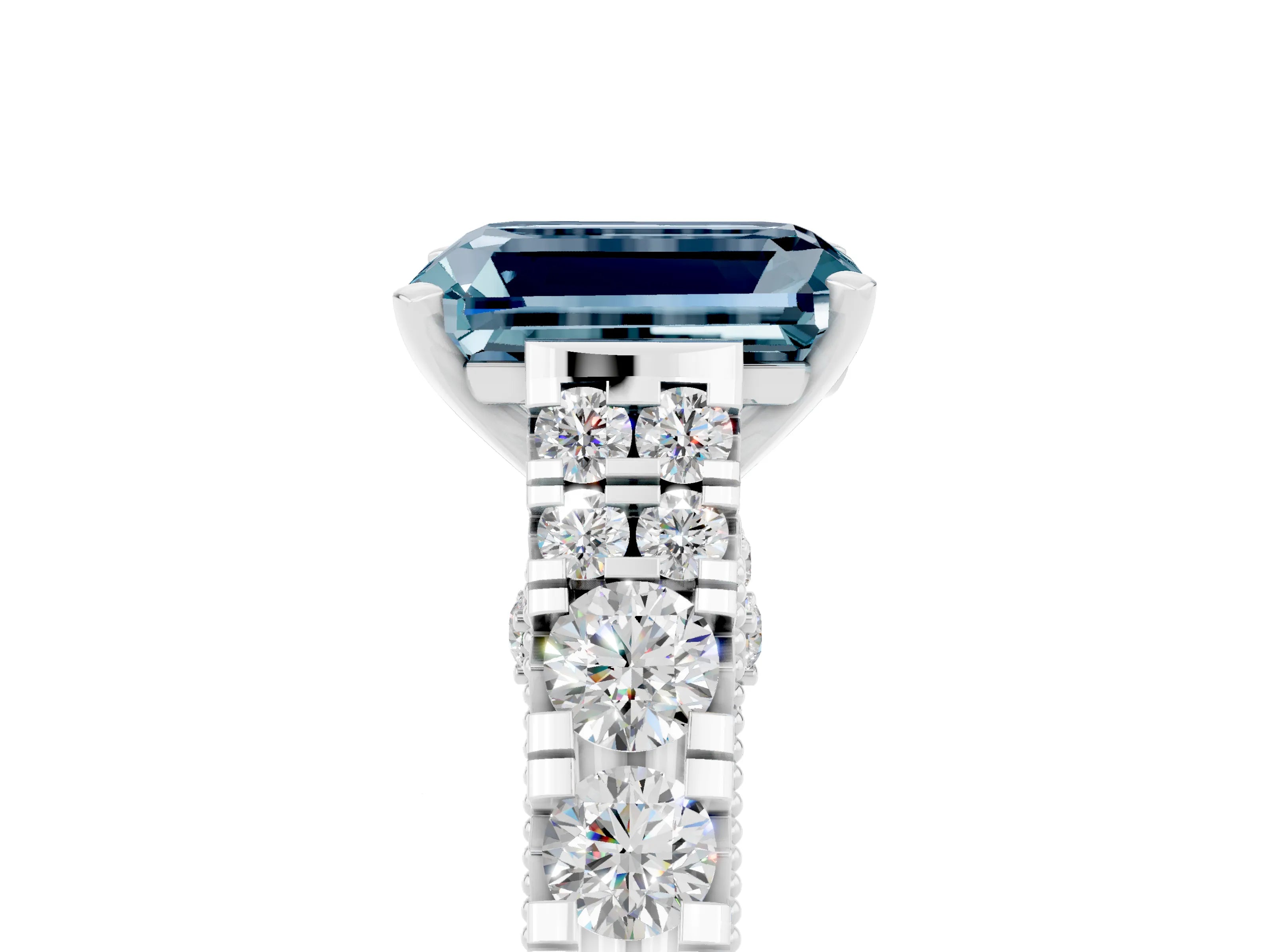 White gold Emerald Cut Aquamarine Classic Solitaire Ring with Pavé Band and Four-Prong Setting_5