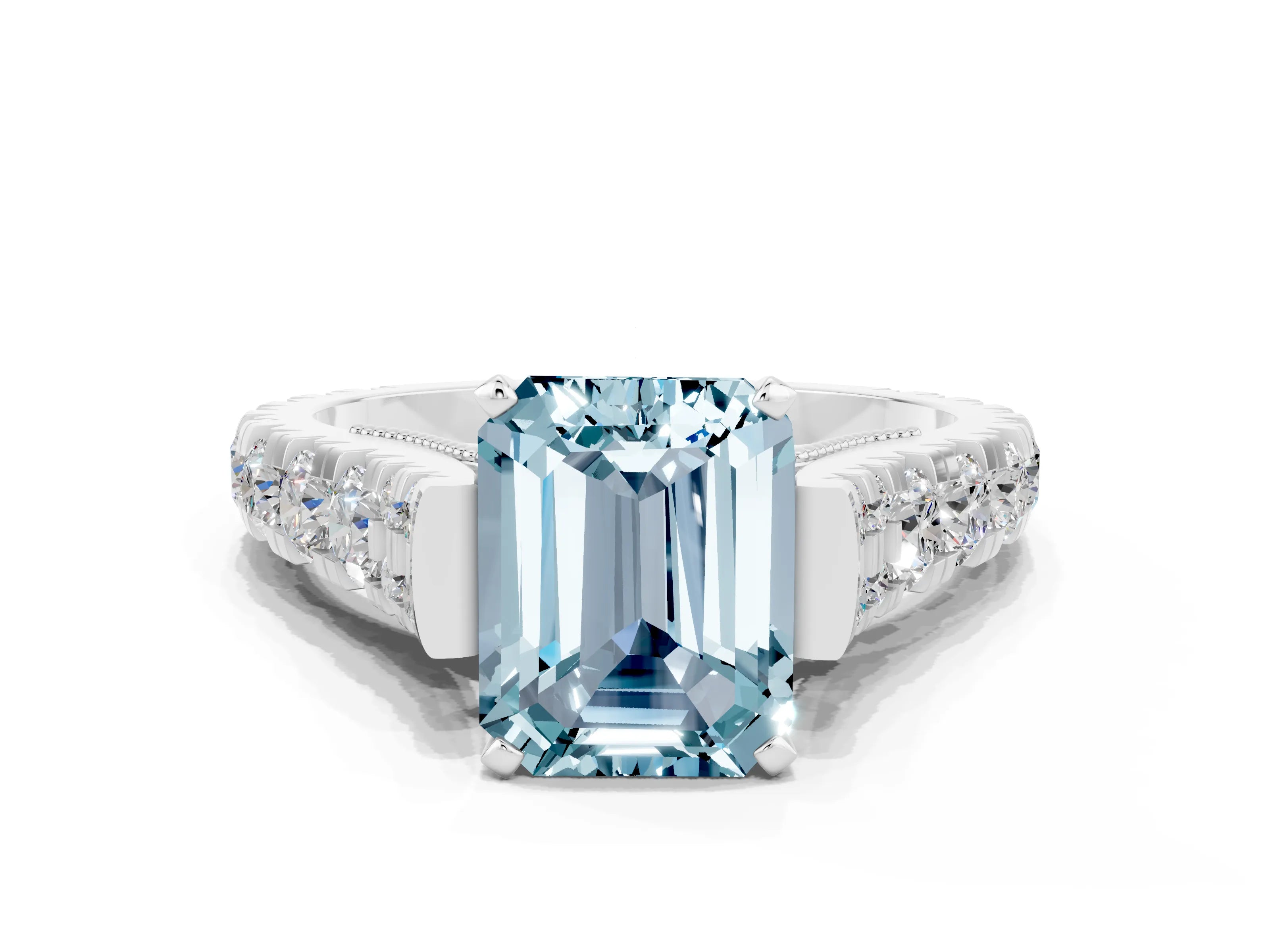 White gold Emerald Cut Aquamarine Classic Solitaire Ring with Pavé Band and Four-Prong Setting