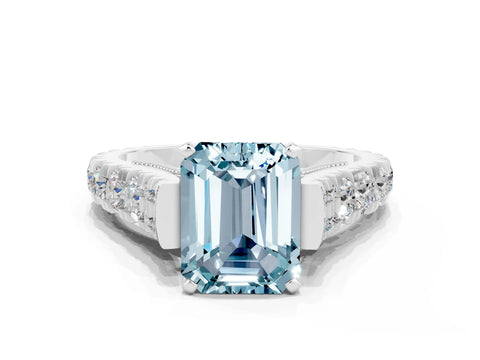 White gold Emerald Cut Aquamarine Classic Solitaire Ring with Pavé Band and Four-Prong Setting