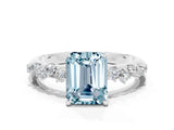 White gold Emerald Cut Aquamarine Cluster Side Stone Solitaire Ring with Prong Setting_24