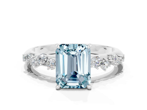 White gold Emerald Cut Aquamarine Cluster Side Stone Solitaire Ring with Prong Setting_24