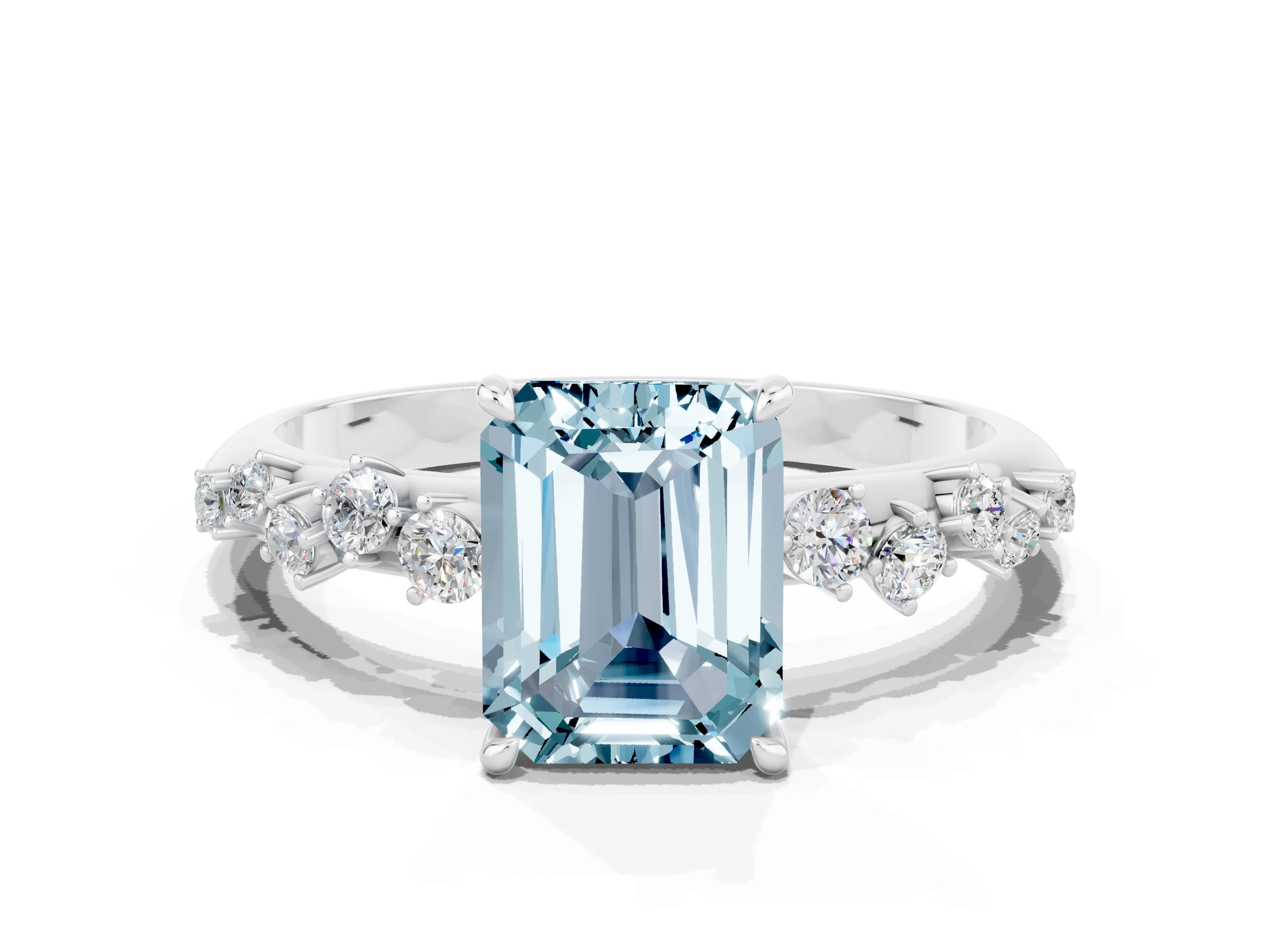 White gold Emerald Cut Aquamarine Cluster Side Stone Solitaire Ring with Prong Setting_24