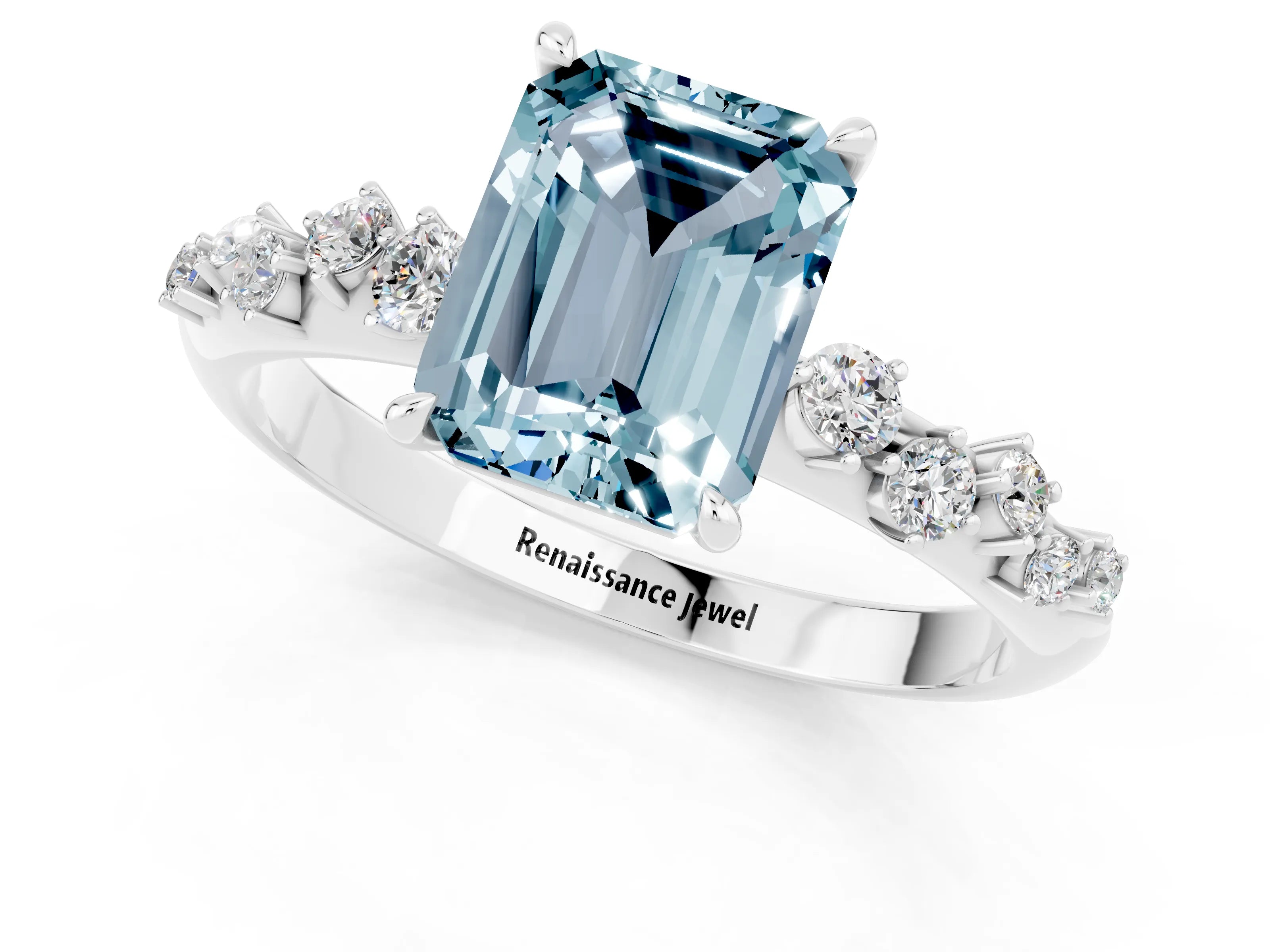 White gold Emerald Cut Aquamarine Cluster Side Stone Solitaire Ring with Prong Setting_25