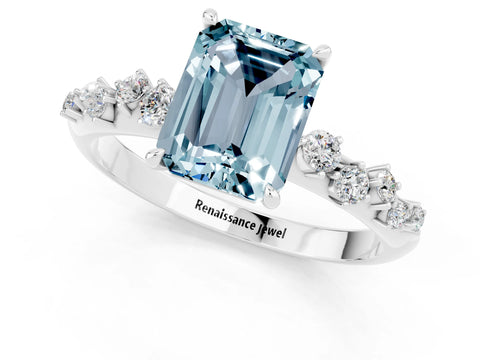 White gold Emerald Cut Aquamarine Cluster Side Stone Solitaire Ring with Prong Setting_25
