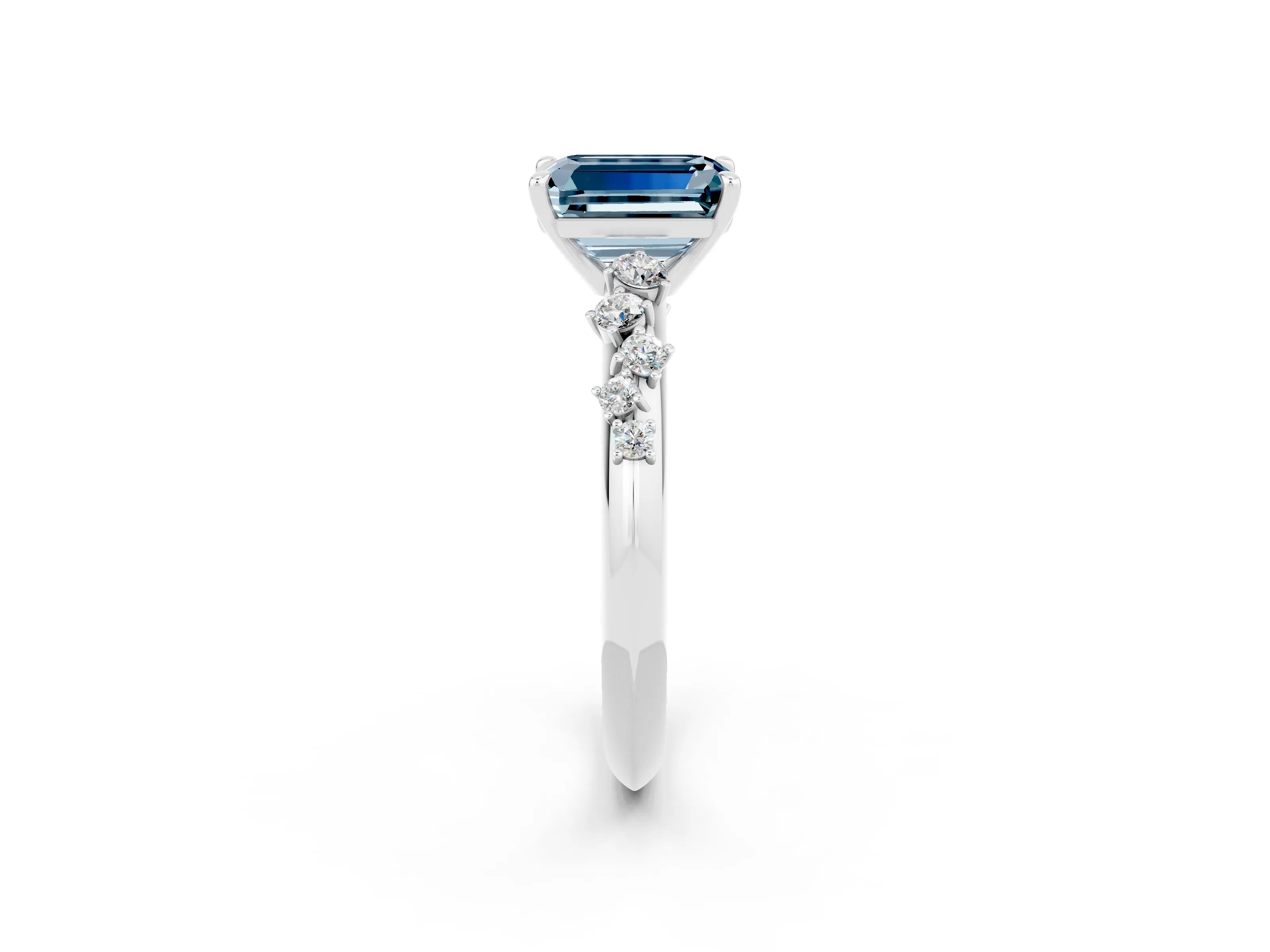 White gold Emerald Cut Aquamarine Cluster Side Stone Solitaire Ring with Prong Setting_26
