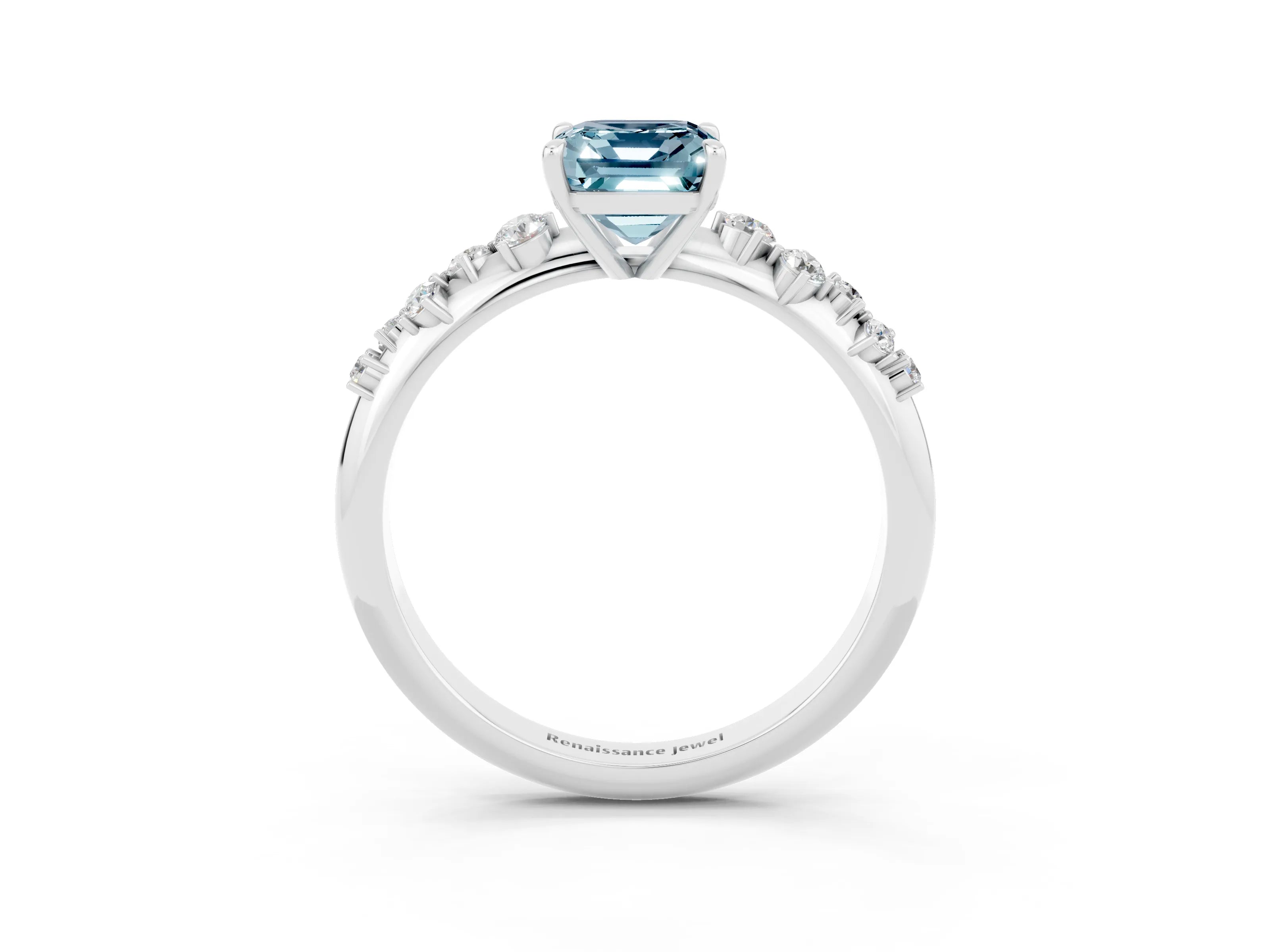 White gold Emerald Cut Aquamarine Cluster Side Stone Solitaire Ring with Prong Setting_27